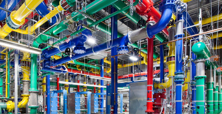 A Google data center, showing the complex machinery and equipment it takes to run.