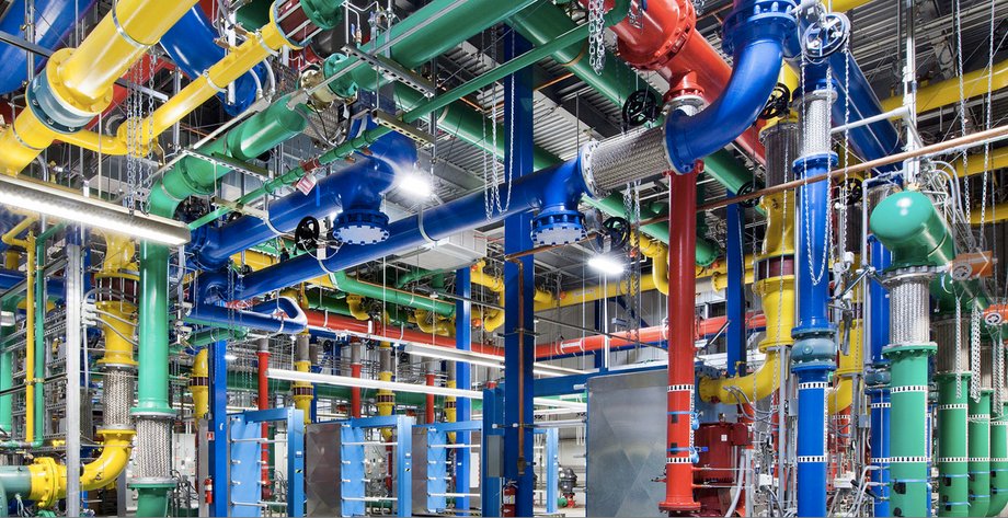 A Google data center, showing the complex machinery and equipment it takes to run.