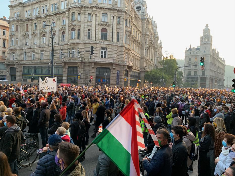 Némán, fáklyákkal vonul a tömeg a forradalomra emlékezve / Fotó: Balázs Barnabás