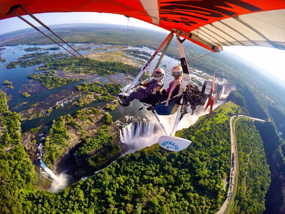 They then arranged for a flight over the falls with motorized gliders, where they were treated to incredible views. They even got close enough to the ground to witness herds of elephants and hippos migrating below.