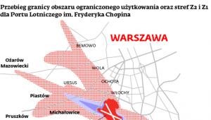 Przebieg granicy obszaru ograniczonego użytkowania oraz stref Z2i Z1 dla Portu Lotniczego im. Fryderyka Chopina