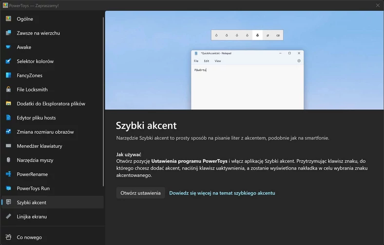 PowerToys – pisanie liter z akcentami