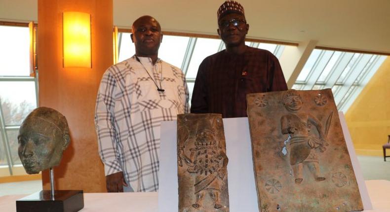 Consul-General of Nigeria in New York, Amb. Lot Egopija and Director-General, National Commission for Museums and Monuments, Prof. Abba Tijjani at the official handing-over of three looted Nigerian artefacts by Metropolitan Museum in New York.