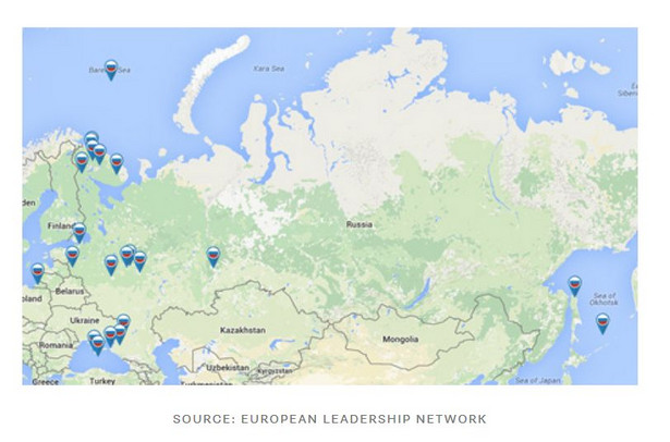 Mapa rosyjskich manewrów wojskowych, które przeprowadzano w dniach 16-21 marca 2015. Źrodło: European Leadership Network