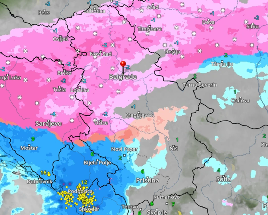 Kretanje padavin u Srbiji u ponedeljak u 1 čas