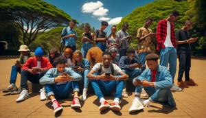 An AI-generated depiction of Kenyan GenZ youths of diverse appearance sitting and standing in a park