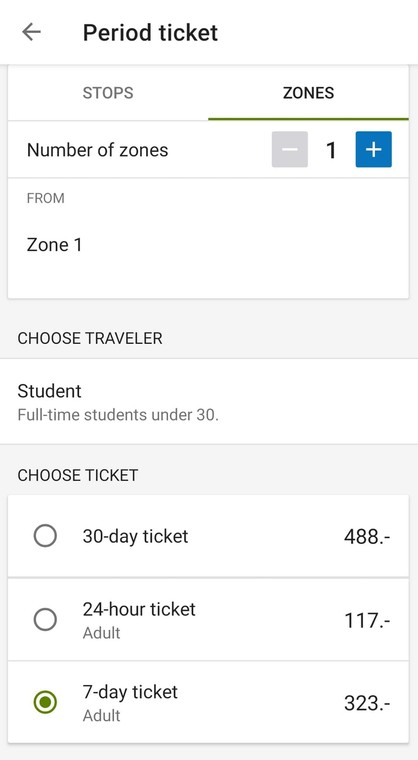 I RuterBillett-applikasjonen er det best å kjøpe ukebillett kun for den første sonen.  Prisen er 323 kroner (PLN 151)