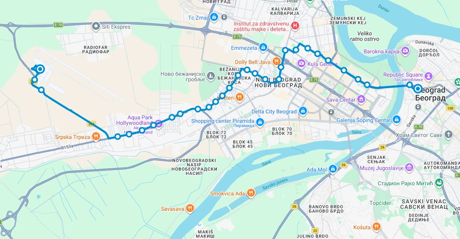 Trasa linije 72 u smeru ka aerodromu Nikola Tesla