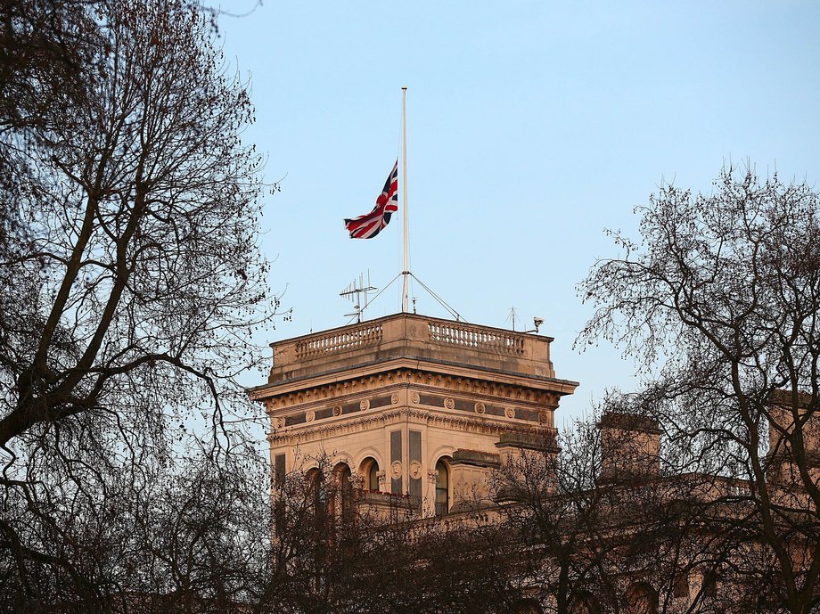 The Union Jack flies at half-mast over the Foreign & Commonwealth Office in London.