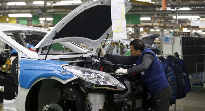 A worker works at an assembly line of Hyundai Motor's plant in Asan.