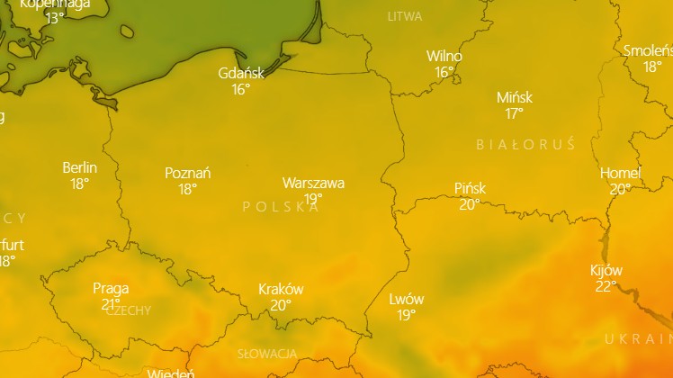 Prognozowana temperatura we wtorek, 31 maja