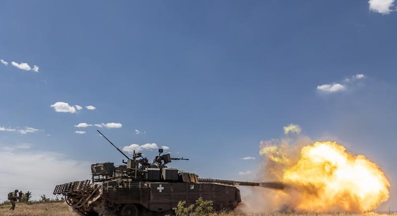 A Ukrainian military tank fires during military training as the war between Russia and Ukraine continues in Donetsk Oblast, Ukraine on May 28, 2024.Diego Herrera Carcedo/Anadolu via Getty Images