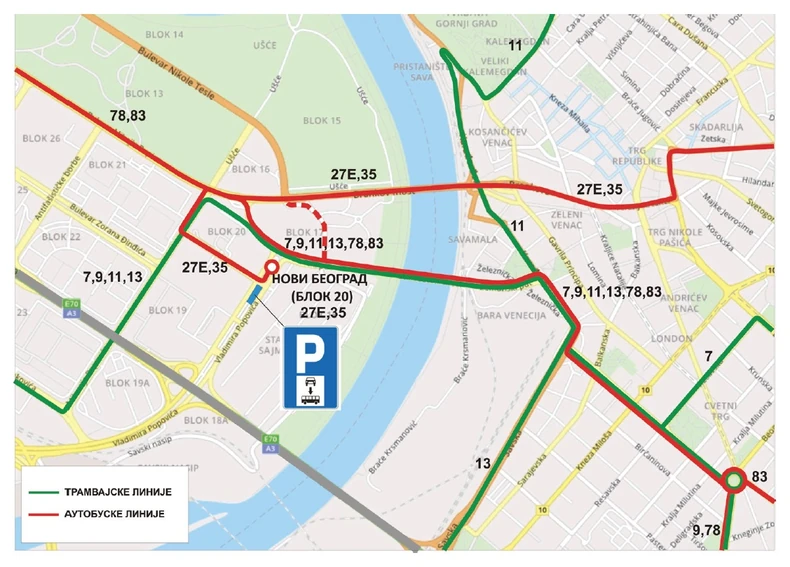 Mapa linija gradskog prevoza koje mogu da se koriste
