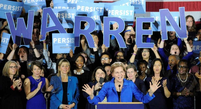 US Senator Elizabeth Warren -- seen here on midterm election day 2018 addressing the crowd at a celebration in Boston -- is a fierce critic of Donald Trump, and is now likely running to unseat him in 2020