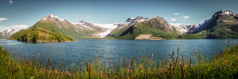 Panorama lodowca Svartisen widziana z trasy Fv17 w Norwegii