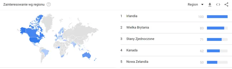 Zainteresowanie hasłem &quot;what is Poland&quot; pod względem poszczególnych regionów świata / Google Trends