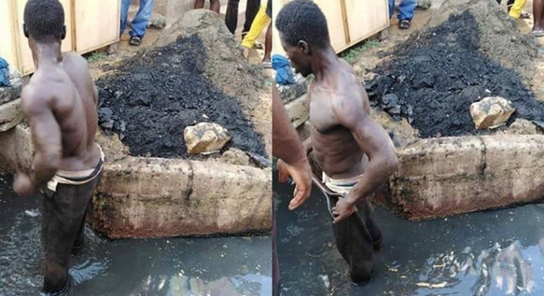 Residents beat up 'thief', gave him food and drinks before supervising him to clean their choked gutters (photos)