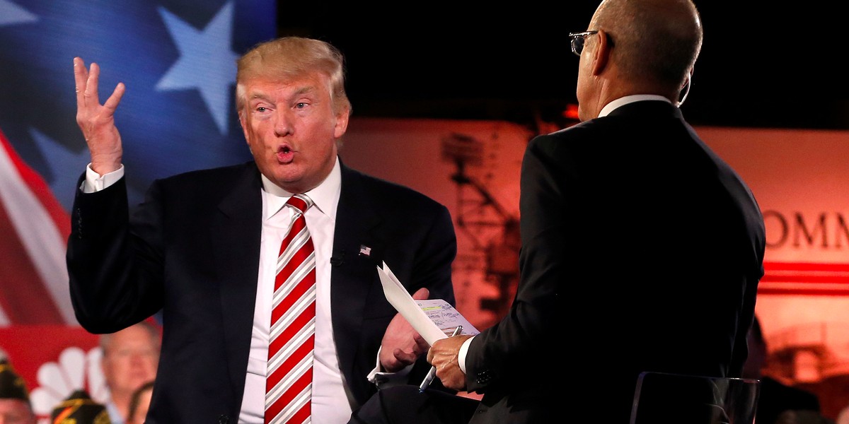 Donald Trump speaks to Matt Lauer during the Commander in Chief Forum in Manhattan, New York, U.S., September 7, 2016.