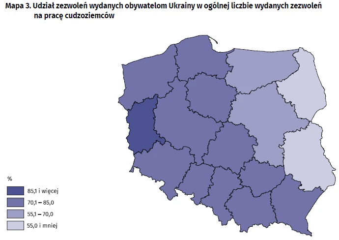 Udział zezwoleń wydanych obywatelom Ukrainy w ogólnej liczbie zezwoleń na pracę cudzoziemców