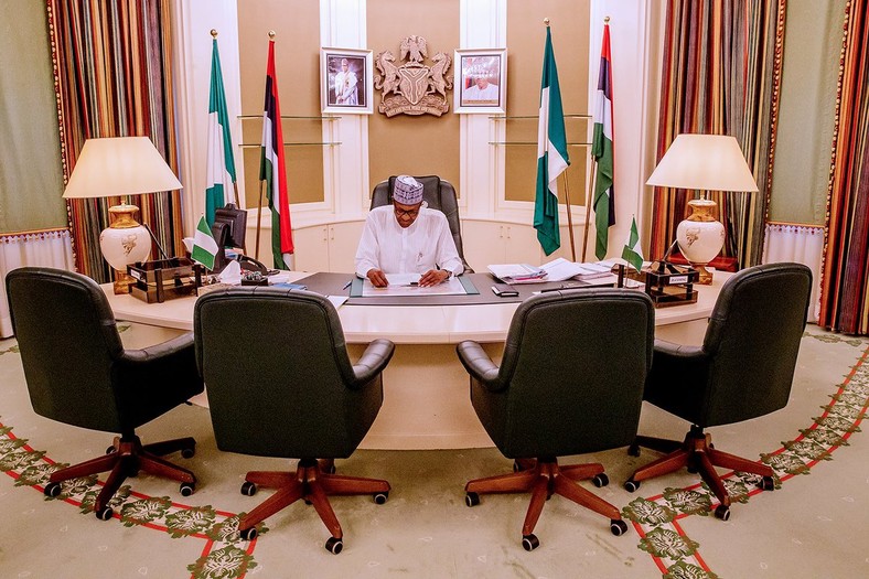 President Buhari in his office. He has a new cabinet on his mind, surely (Presidency) 