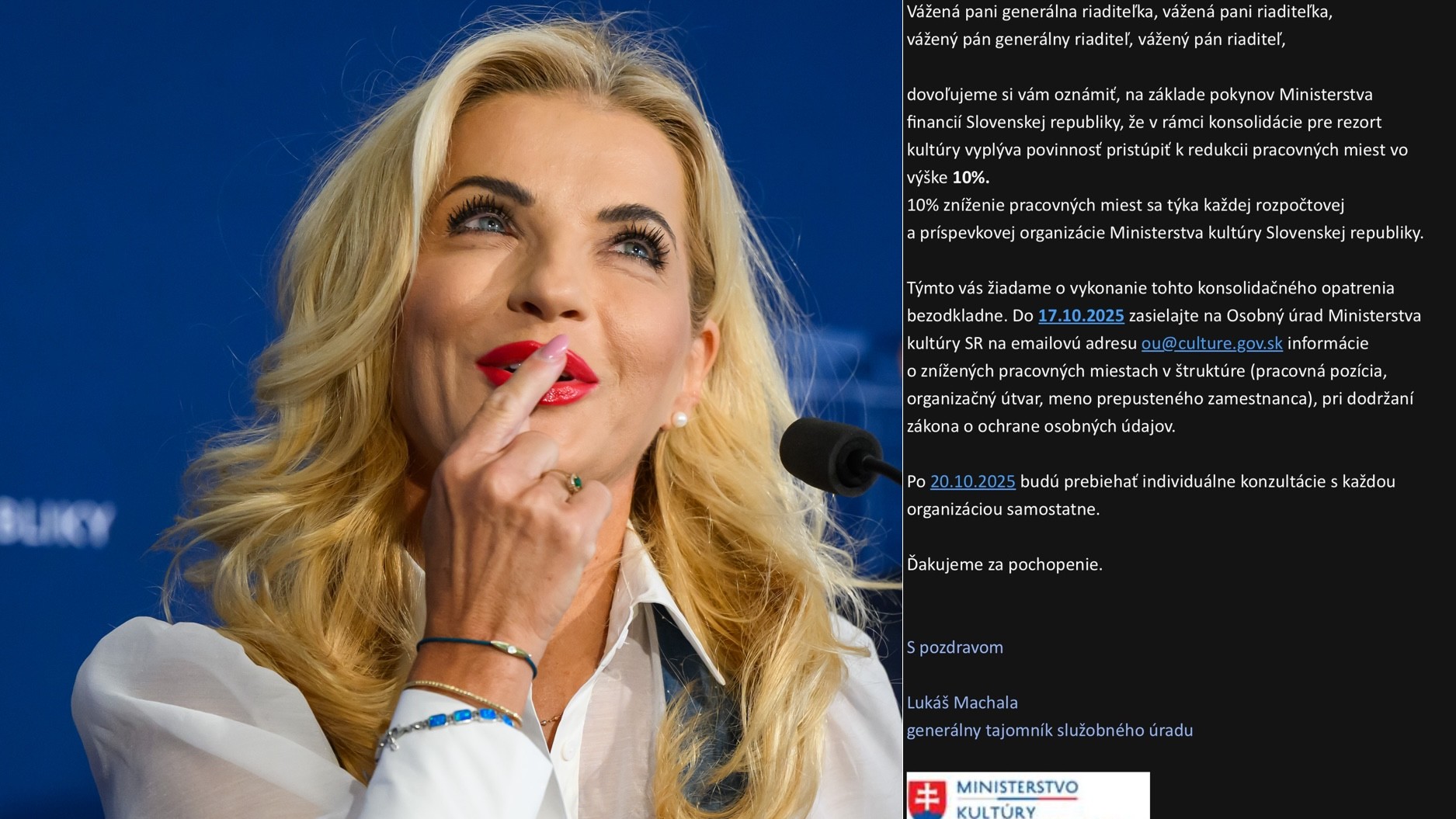 Ministerka Martina Šimkovičová a e-mailová správa od generálnoho tajomníka služobného úradu rezortu kultúry Lukáša Machalu