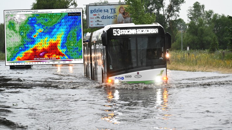 Ulewy pędzą na Polskę. Miejscami spadnie nawet 50 mm deszczu! (mapa: wxcharts.com)