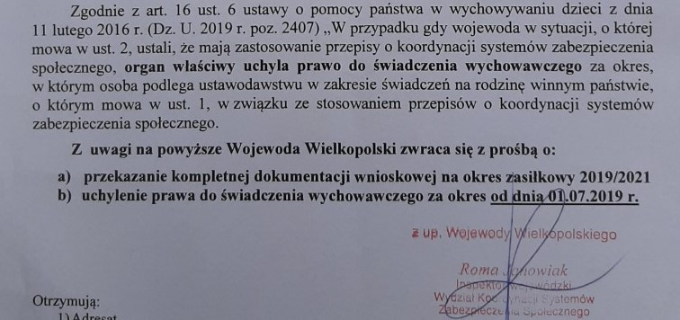 Fragment pisma Wojewody Wielkopolskiego zawiadamiający Annę o uchyleniu zasiłku 500+