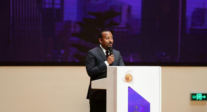Ethiopian Prime Minister Abiy Ahmed speaks during the inauguration ceremony of the new headquarters of the Commercial Bank of Ethiopia (CBE) in Addis Ababa, Ethiopia, on Feb13, 2022