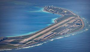 An airfield, buildings, and structures are seen on the artificial island built by China on Mischief Reef.Photo by Ezra Acayan/Getty Images