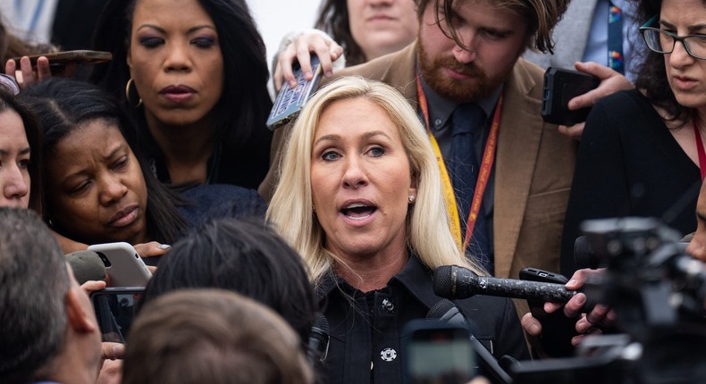 Rep. Marjorie Taylor Greene was surrounded by reporters and cameras after filing the motion to vacate.Bill Clark/CQ-Roll Call via Getty Images