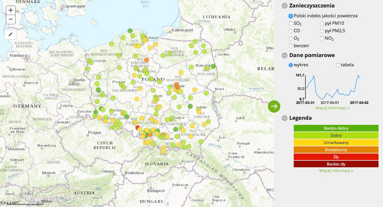 Polski Indeks Jakości Powietrza - 2017-04-02 od godziny 04:00 do 05:00