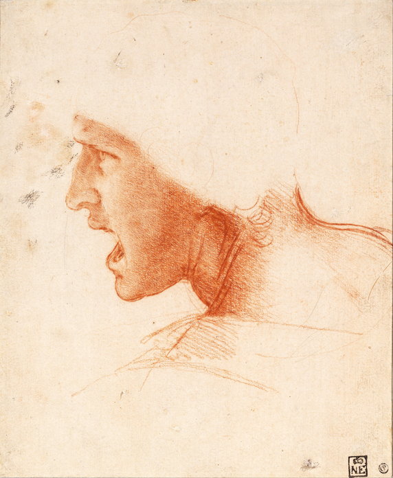 Szkic głowy wojownika – fragmentu "Bitwy pod Anghiari". Wykonany ok. 1505 r. przy użyciu czerwonej kredy (domena publiczna).