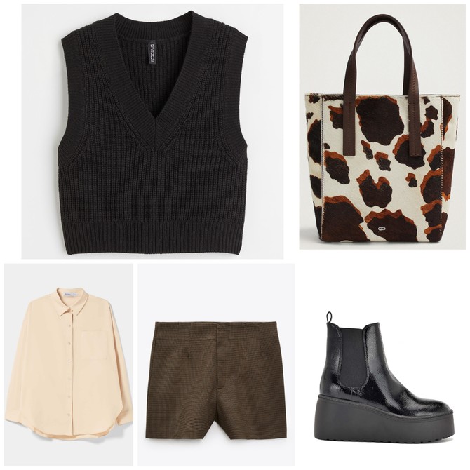 Prsluk „H&M“, košulja „Bershka“,  šorts „Zara“,  tašna „Parfois“,  duboke cipele „Nine west“