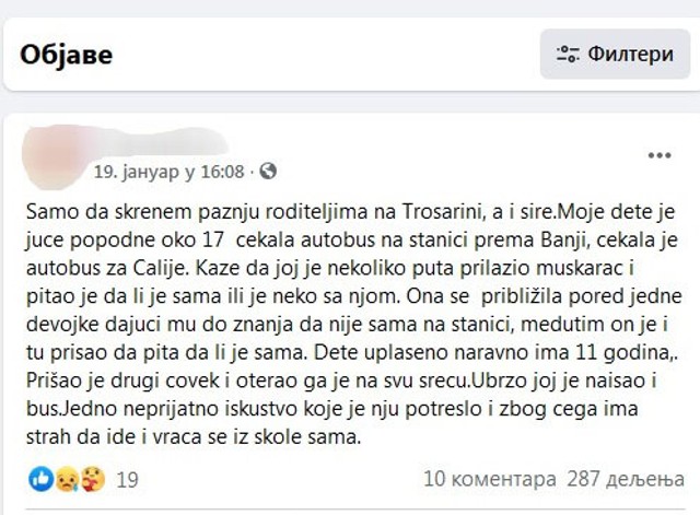 Objava majke devojcice kojoj je prisao nepoznati muskarac