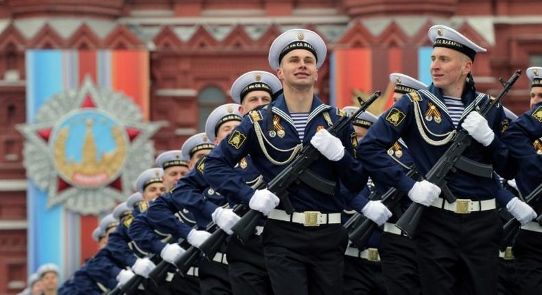 Russian servicemen march through Moscow's Red Square in the annual pomp-filled celebration of the defeat of Nazi Germany in 1945