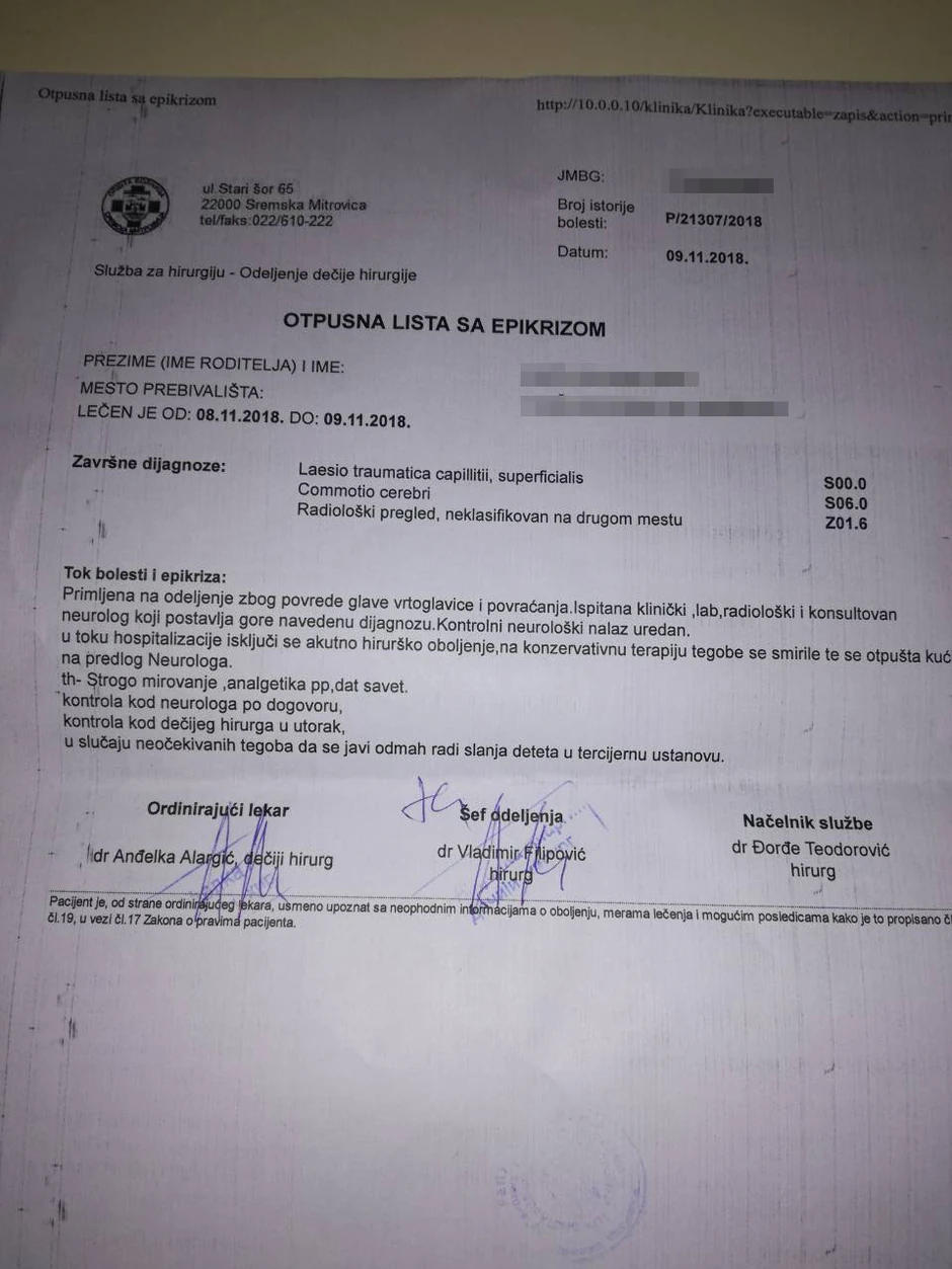 U otpusnoj listi dijagnostikovano da je devojčica imala potres mozga i površinske povrede glave