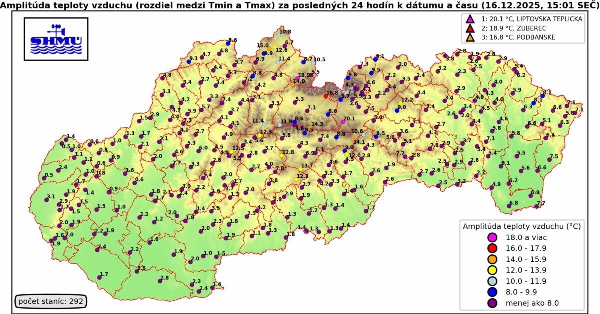 Rozdiel medzi najnižšou a najvyššou teplotou vzduchu na Slovensku v utorok 16. decembra 2025.