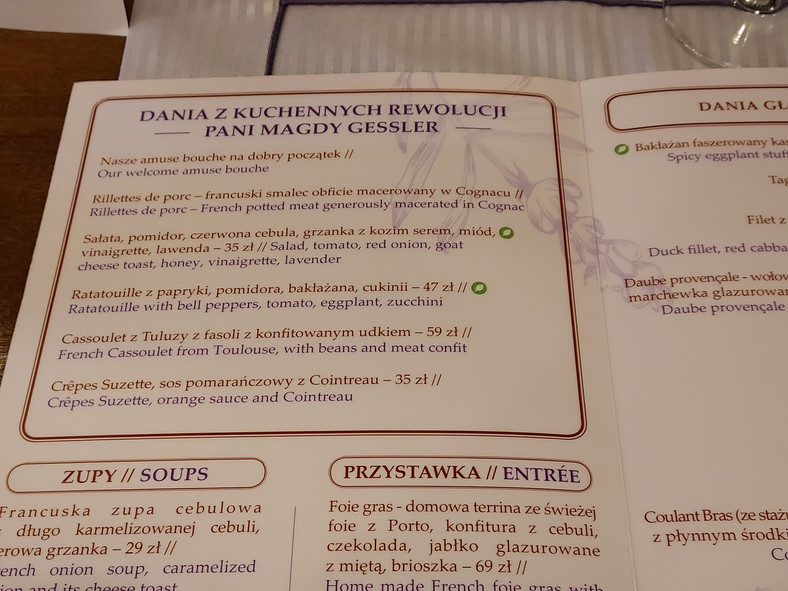 Menu w Voilà Avignon Bistro. Pięć dań sygnowanych jest nazwiskiem Magdy Gessler