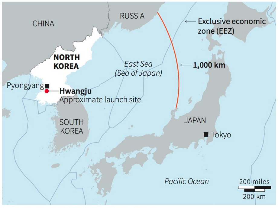 North Korea's first missile that landed in or near Japanese-controlled waters.