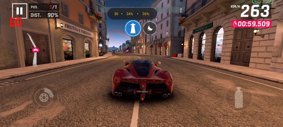 Przykładowy screen z gry Asphalt 9... jakość grafiki pozostawia sporo do życzenia, ale dzięki temu zabawa przebiega z dobrą płynnością - około 30 fps (kliknij, aby powiększyć)