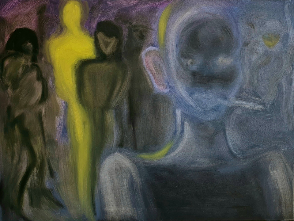 "We paint what ghosts and angels tell us to" Zuzanny Bartoszek i Krzysztofa Grzybacza w galerii Serce Człowieka (Nowy Świat 63 - Nowy Świat Muzyki, 1. piętro), 1 – 18 października 2020 r. Na zdjęciu: Zuzanna Bartoszek, "Crush entering the bar" (2020)