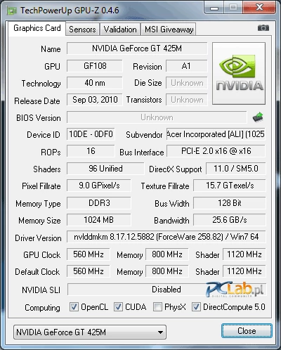 Karta graficzna to NVIDIA GeForce GT 425M