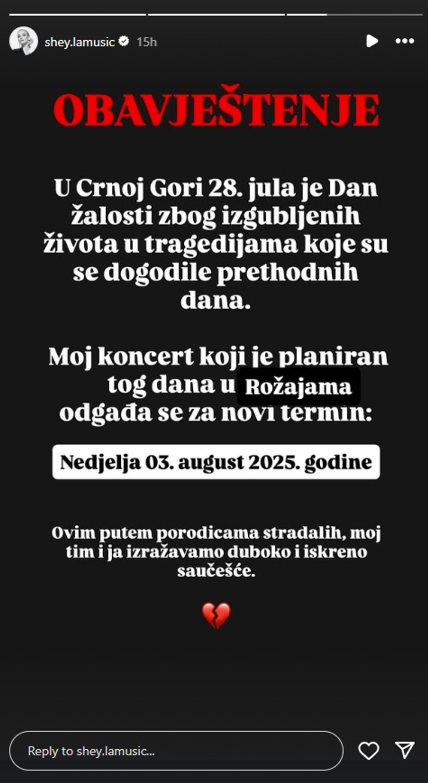 Šejla Zonić otkazala nastup u Crnoj Gori