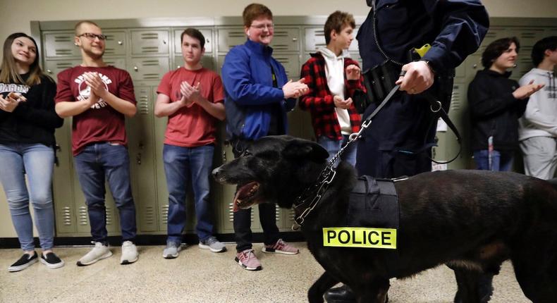 First responders walk the halls at Boardman High School after a lockdown drill on Feb. 14, 2019, in Boardman, Ohio.