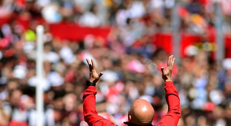 Sevilla's coach Jorge Sampaoli reacts during a Spanish league football match against Real Sporting de Gijon on April 2, 2017