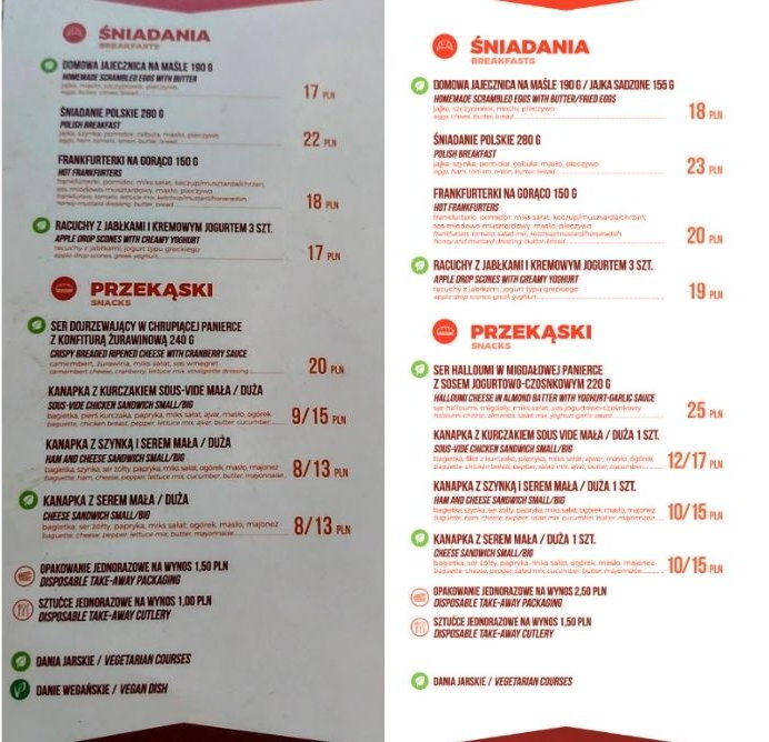 Od lewej: menu 9 maja br., menu obowiązujące od 20 maja br. 