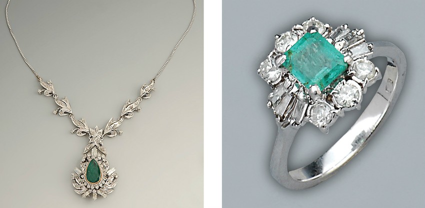 Ogrlica i prsten od belog zlata sa smaragdom i brilijantima
