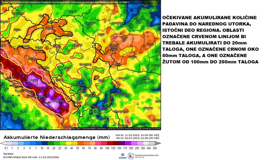 Mapa očekivane količine padavina do sledećeg utorka