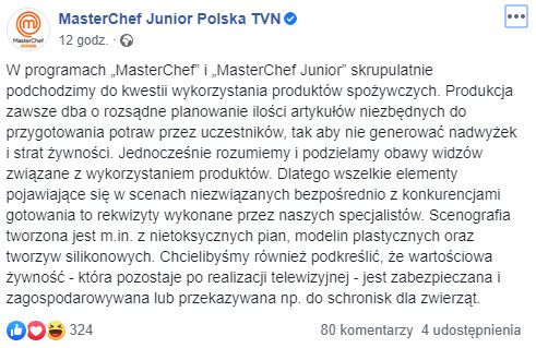 Oświadczenie produkcji programu "MasterChef Junior"