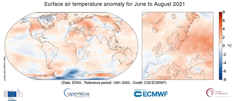 Odchylenie temperatury od średniej z lat 1991-2020